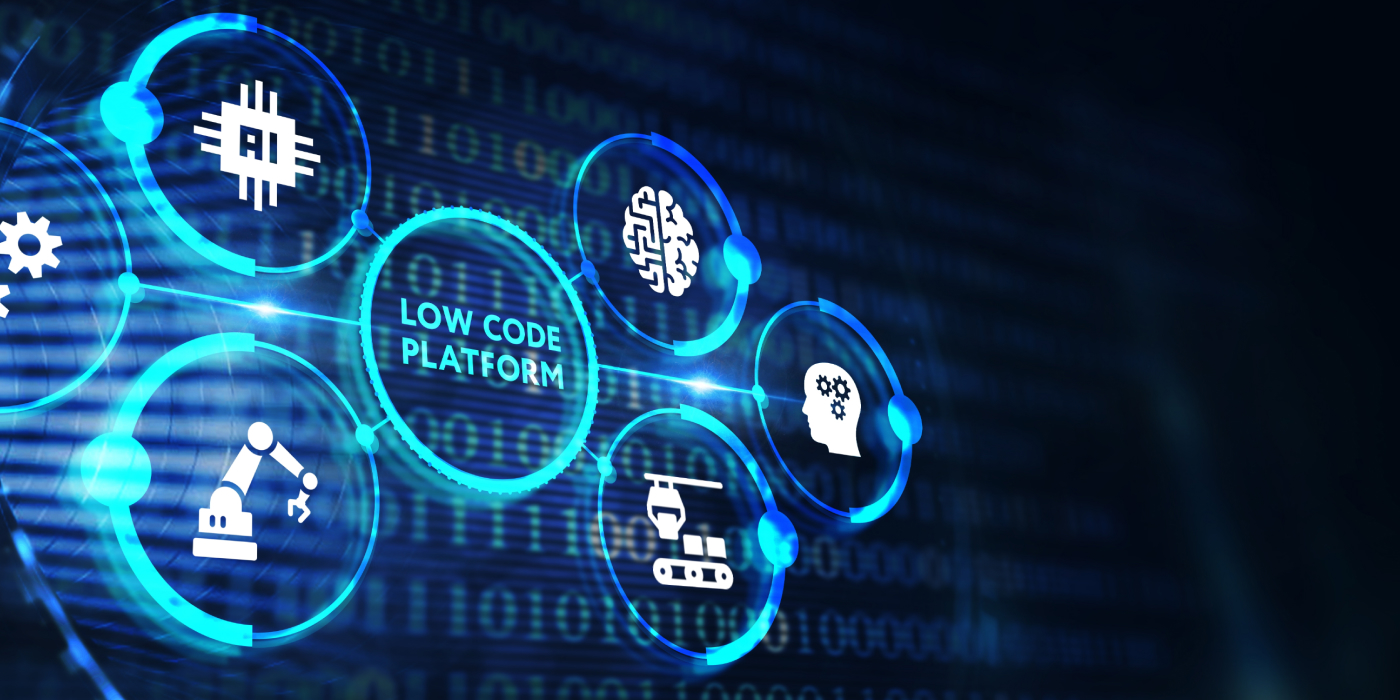 An illustration of low Code software development and deployment platform technology concept.